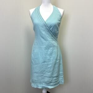 Vintage H&M Wrap Halter Linen Dress 8 Turquoise Beaded Y2K